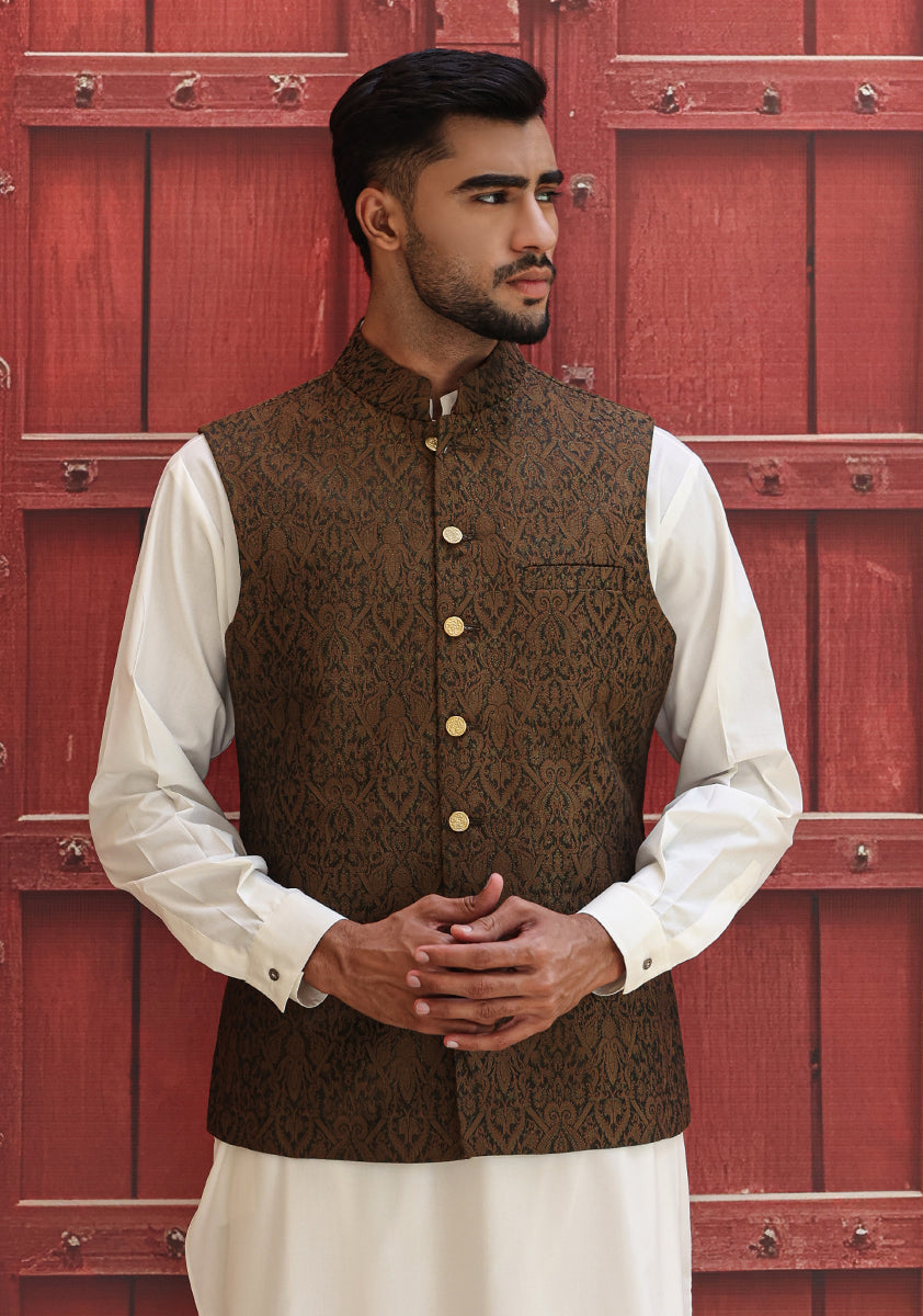 Karandi Jamawar Sepia Traditional Waistcoat – Amir Adnan