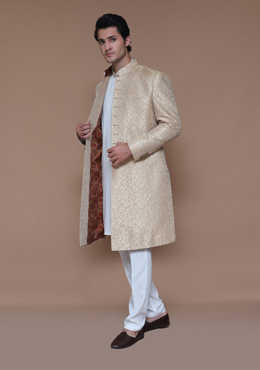 Premium Almond Buff Traditional Sherwani main image 0