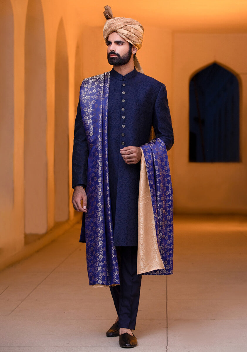 Outer Space Karandi Traditional plain Sherwani – Amir Adnan