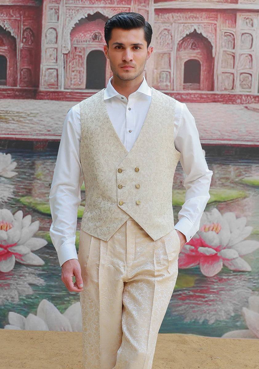 Zari Karandi Jamawar Creme Brulee V-Neck Waistcoat
