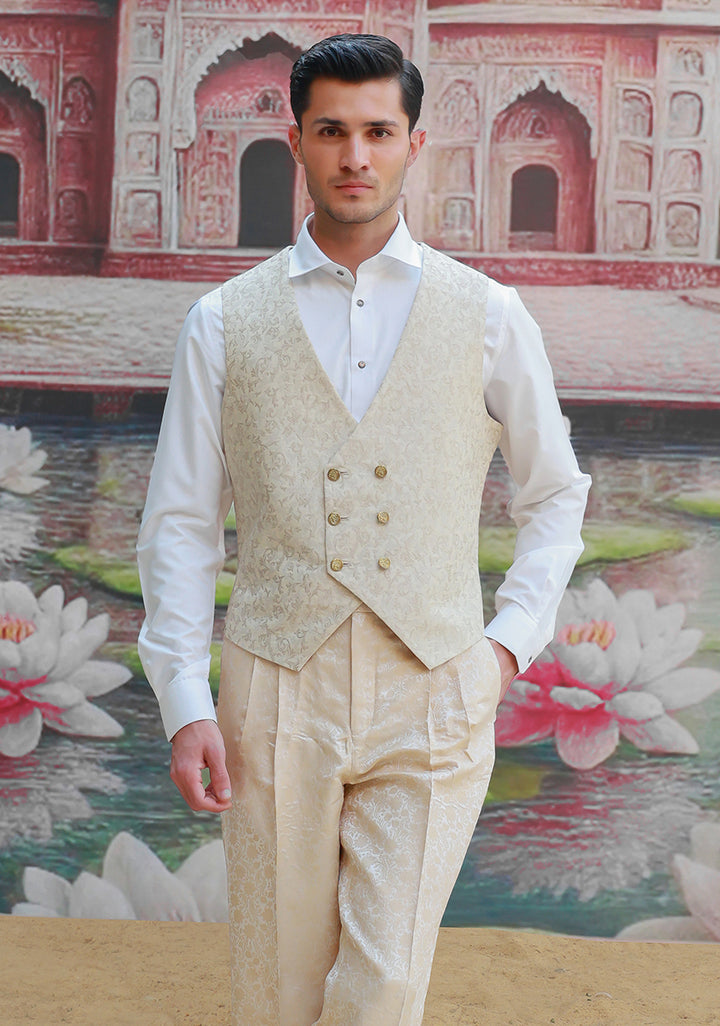Zari Karandi Jamawar Creme Brulee V-Neck Waistcoat