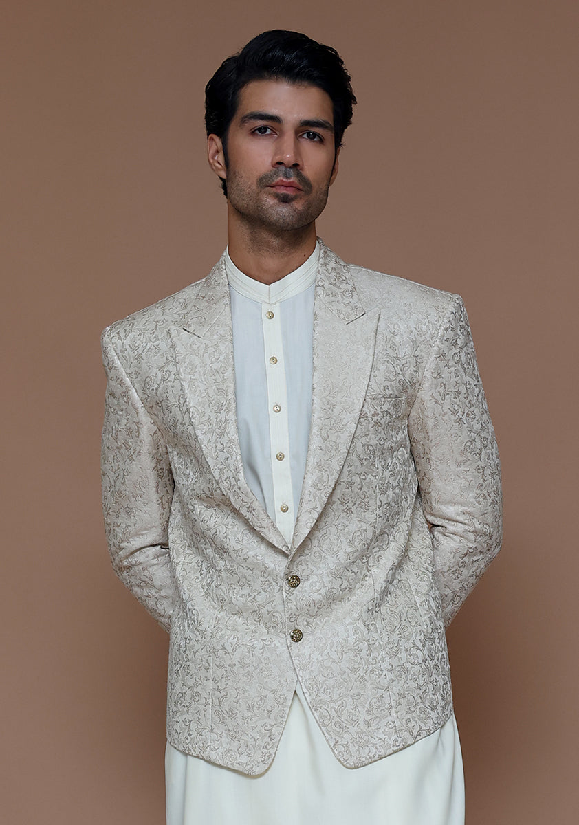 Premium Jamawar Beige Couture Traditional Jacket