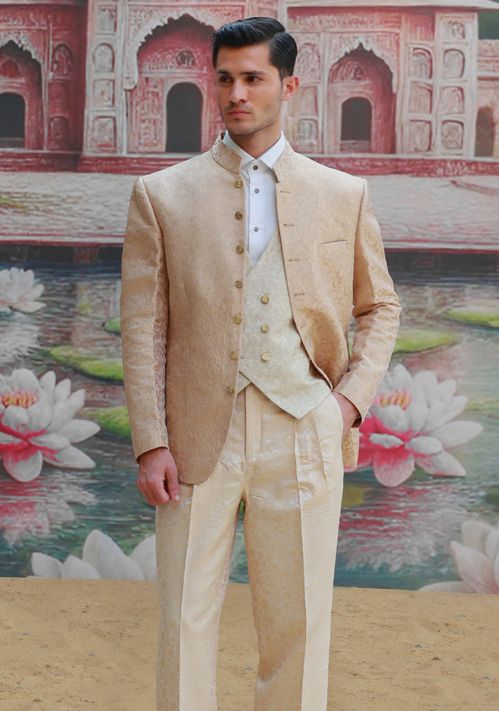 Zari Karandi Jamawar Creme Brulee V-Neck Waistcoat