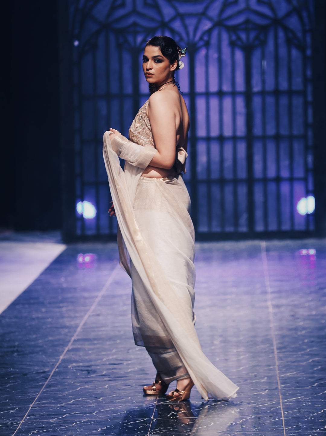 Gold Embroidered Halter Top with Net Sari