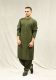 Classic Poly Viscose Dark Olive Classic Fit Embroidered Suit