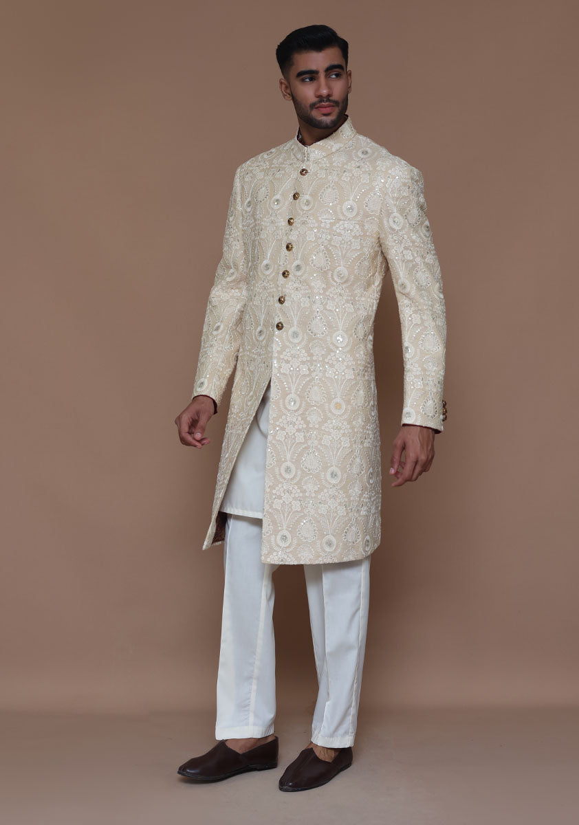 Cotton Net Cream Traditional Embroidered Couture Sherwani