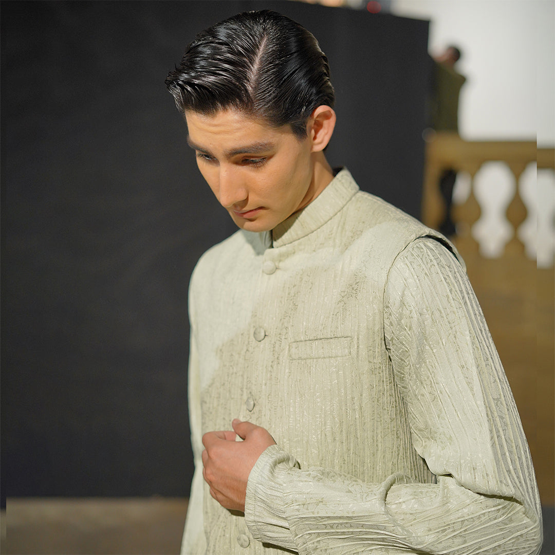 Mint Green Crush Jamawar Three-Piece Suit