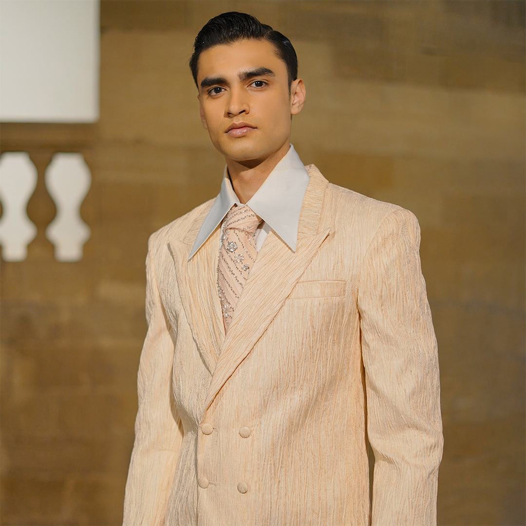 Pink double-breasted crush jamawar jacket with straight pants