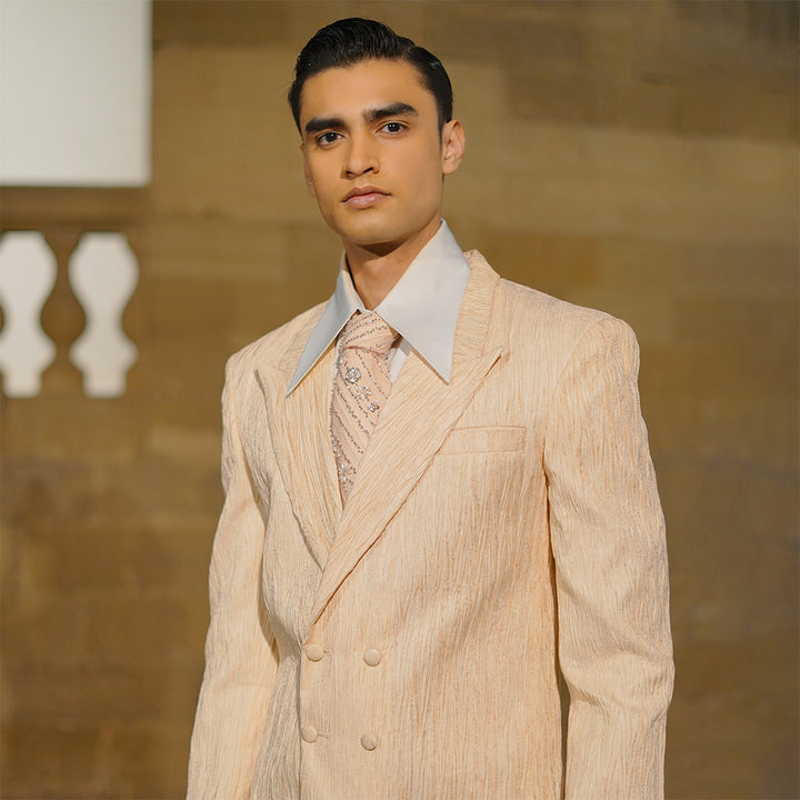 Pink double-breasted crush jamawar jacket with straight pants