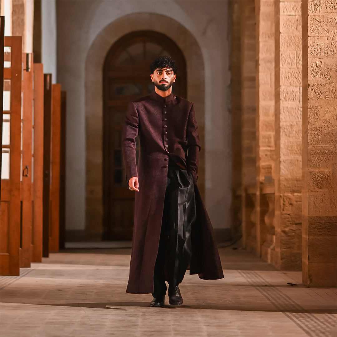 Maroon jamawar long coat with intricate matrics pattern,
