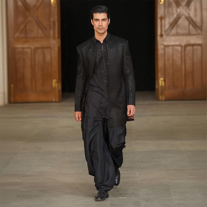 Black satin embroidered open-front sherwani with shirt kurta