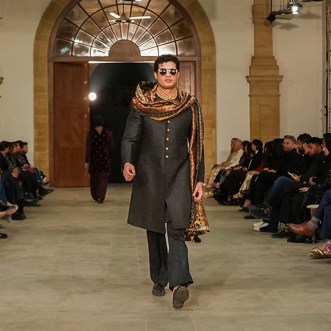 Black zari jamawar sherwani with hand embroidery on collar and buttons