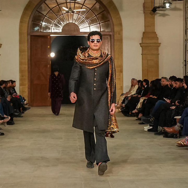 Black zari jamawar sherwani with hand embroidery on collar and buttons