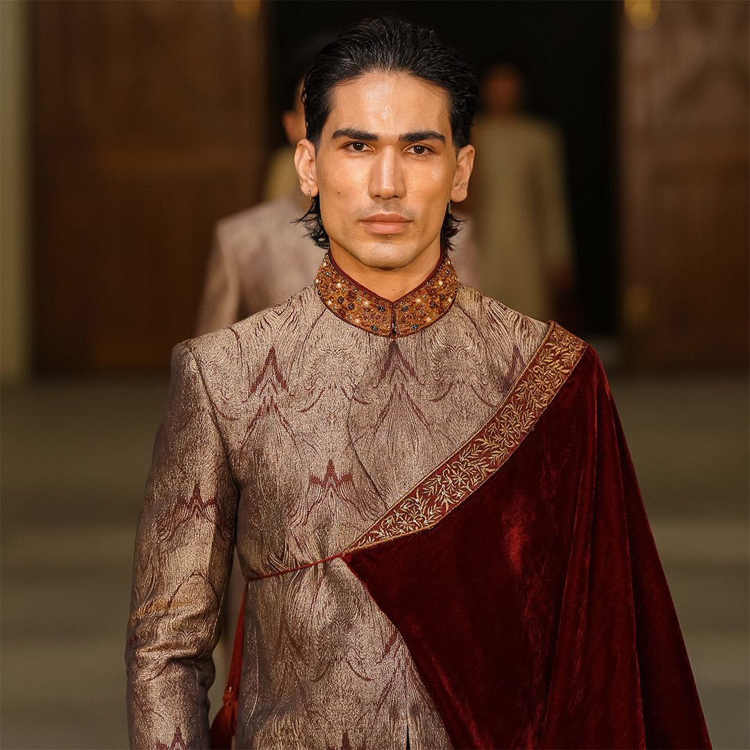 Maroon and gold bio-matric design jamawar sherwani