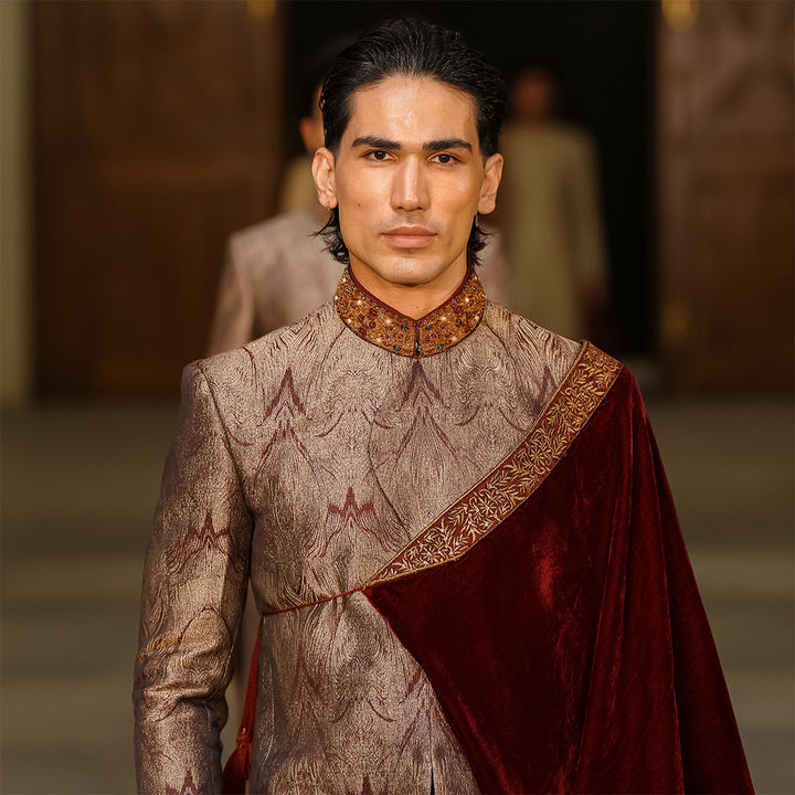 Maroon and gold bio-matric design jamawar sherwani