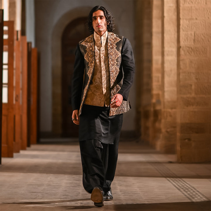 Black jamawar embroidered long waistcoat
