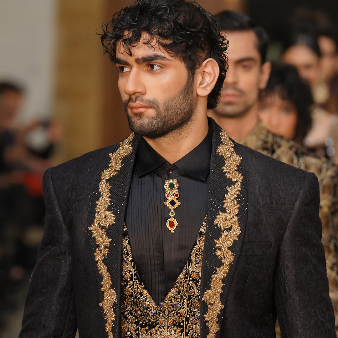Black zari karandi jamawar coat with hand embroidery on lapel and sleeves