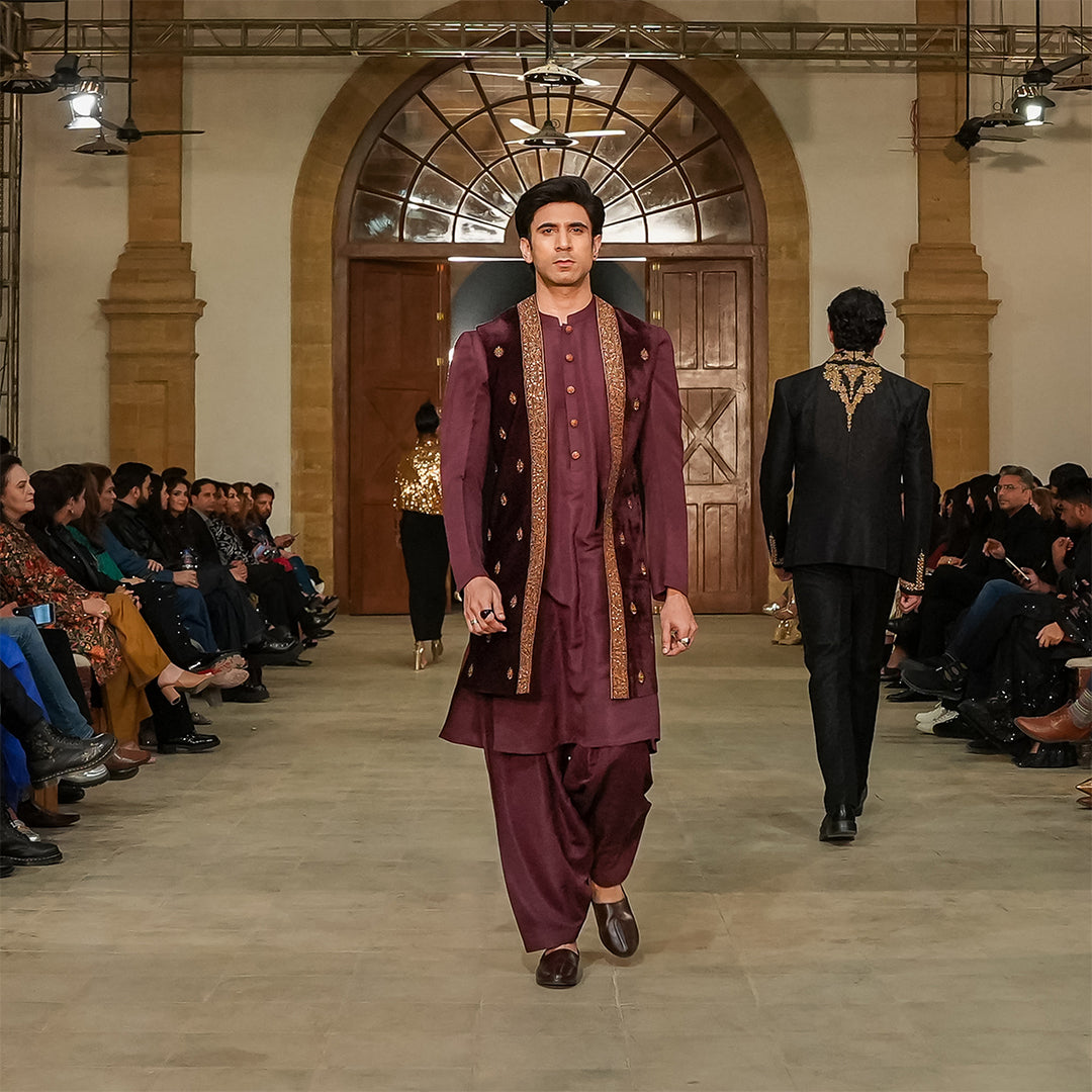 Maroon velvet cape embroidered waistcoat with coat-style sleeves,