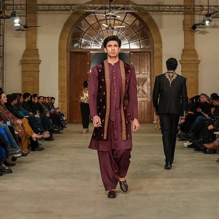 Maroon velvet cape embroidered waistcoat with coat-style sleeves,