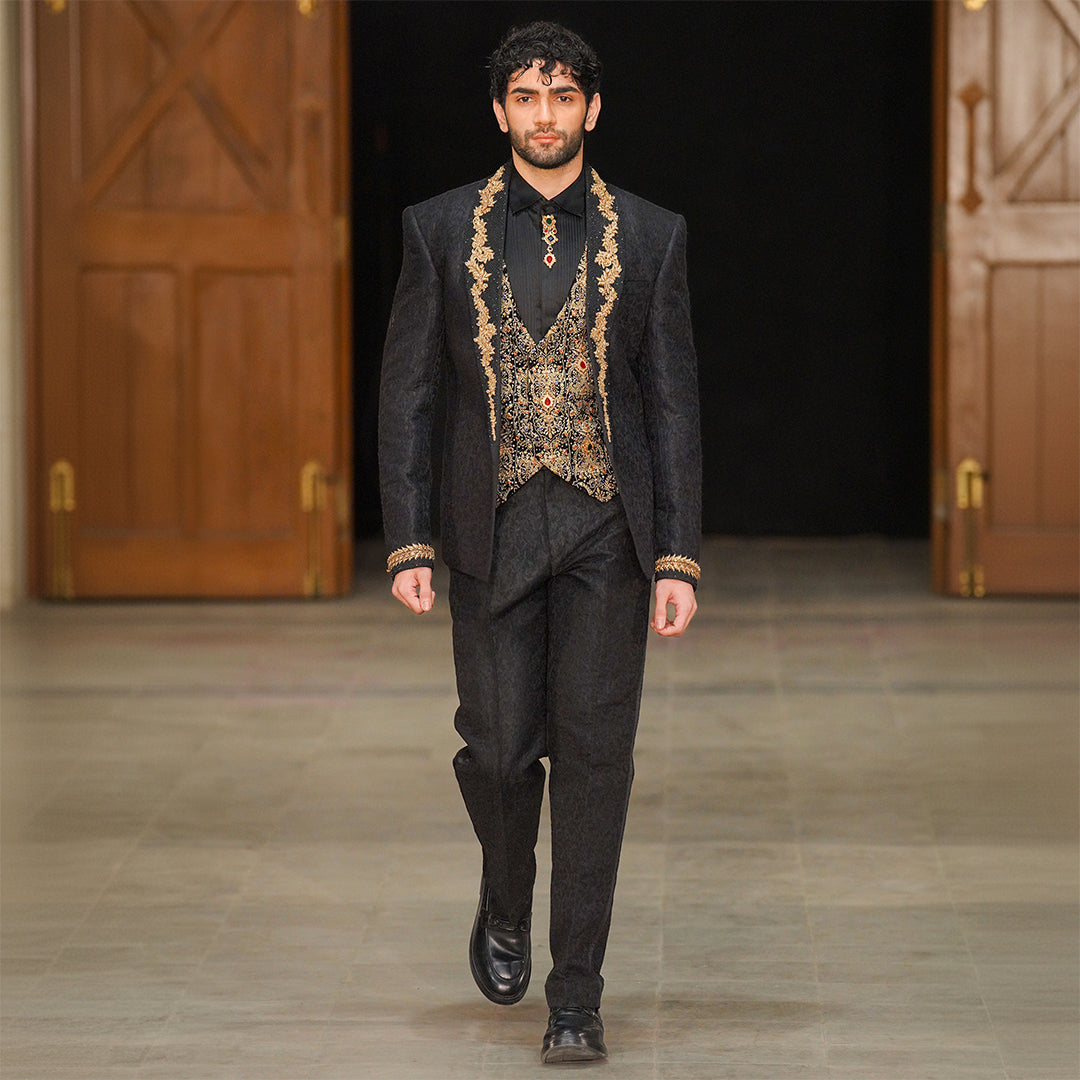 Black zari karandi jamawar coat with hand embroidery on lapel and sleeves