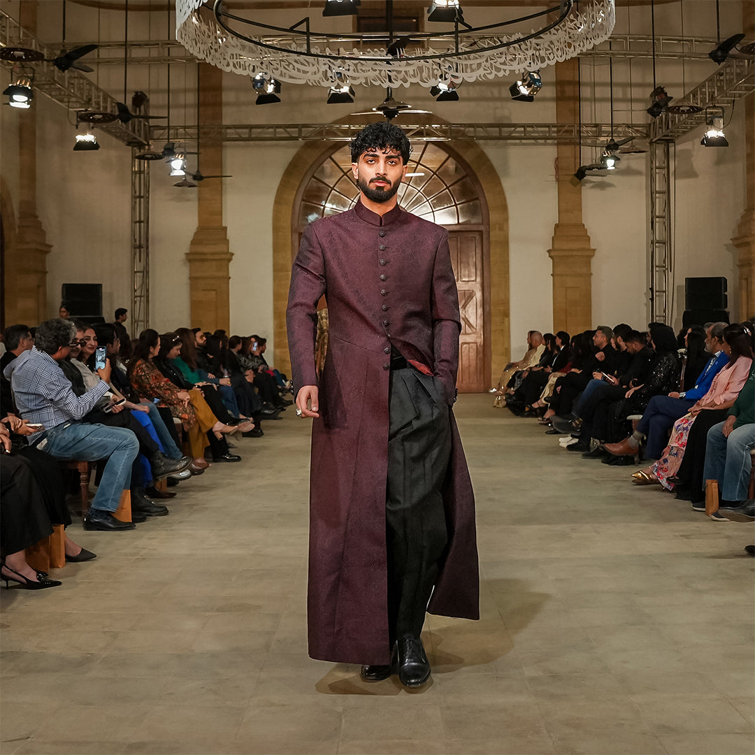 Maroon jamawar long coat with intricate matrics pattern,
