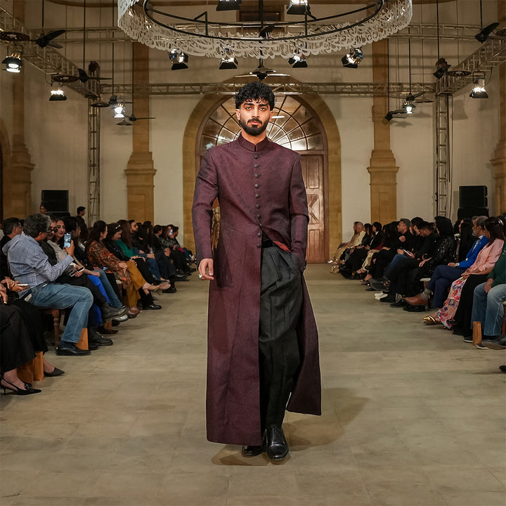 Maroon jamawar long coat with intricate matrics pattern,