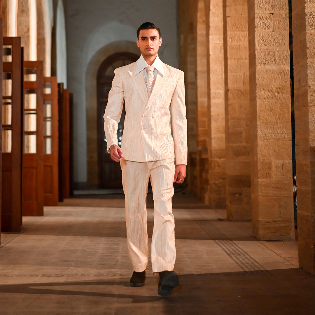 Pink double-breasted crush jamawar jacket with straight pants