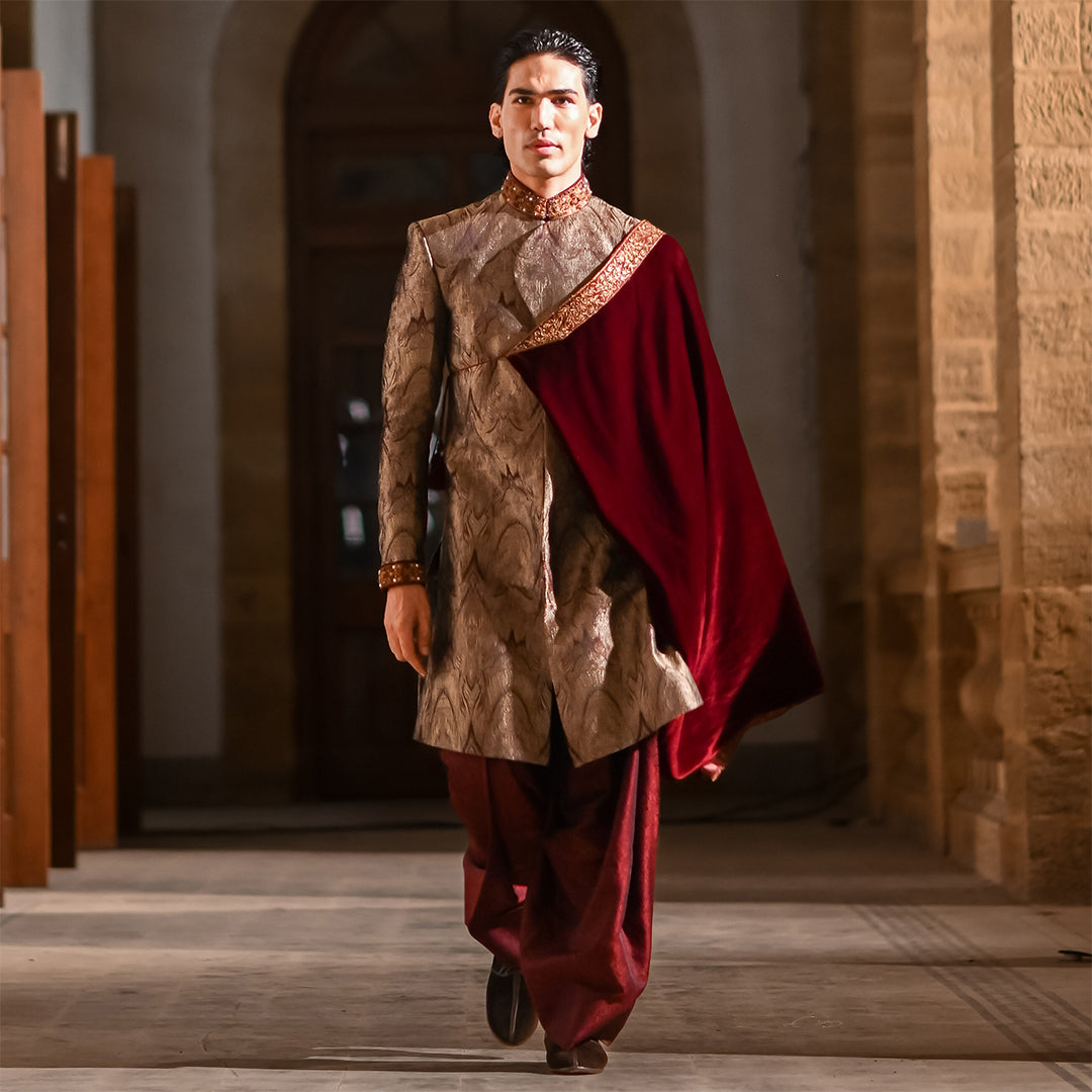 Maroon and gold bio-matric design jamawar sherwani