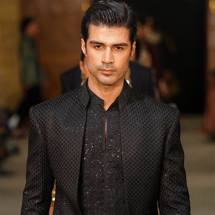 Black satin embroidered open-front sherwani with shirt kurta