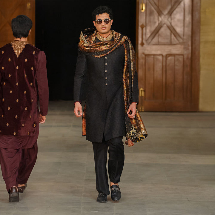 Black zari jamawar sherwani with hand embroidery on collar and buttons