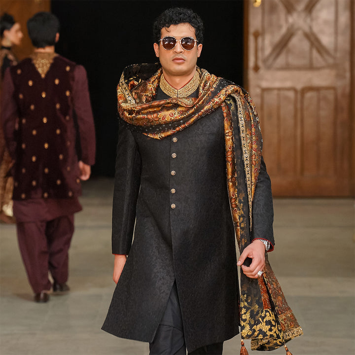 Black zari jamawar sherwani with hand embroidery on collar and buttons
