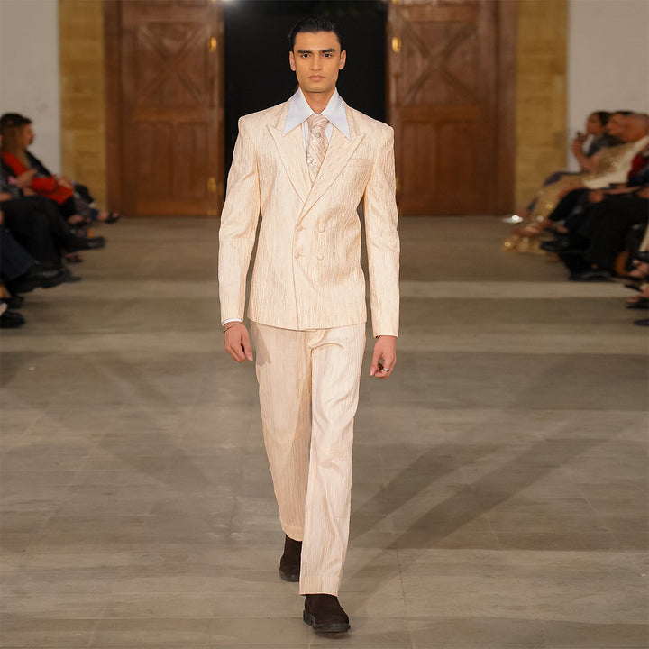Pink double-breasted crush jamawar jacket with straight pants