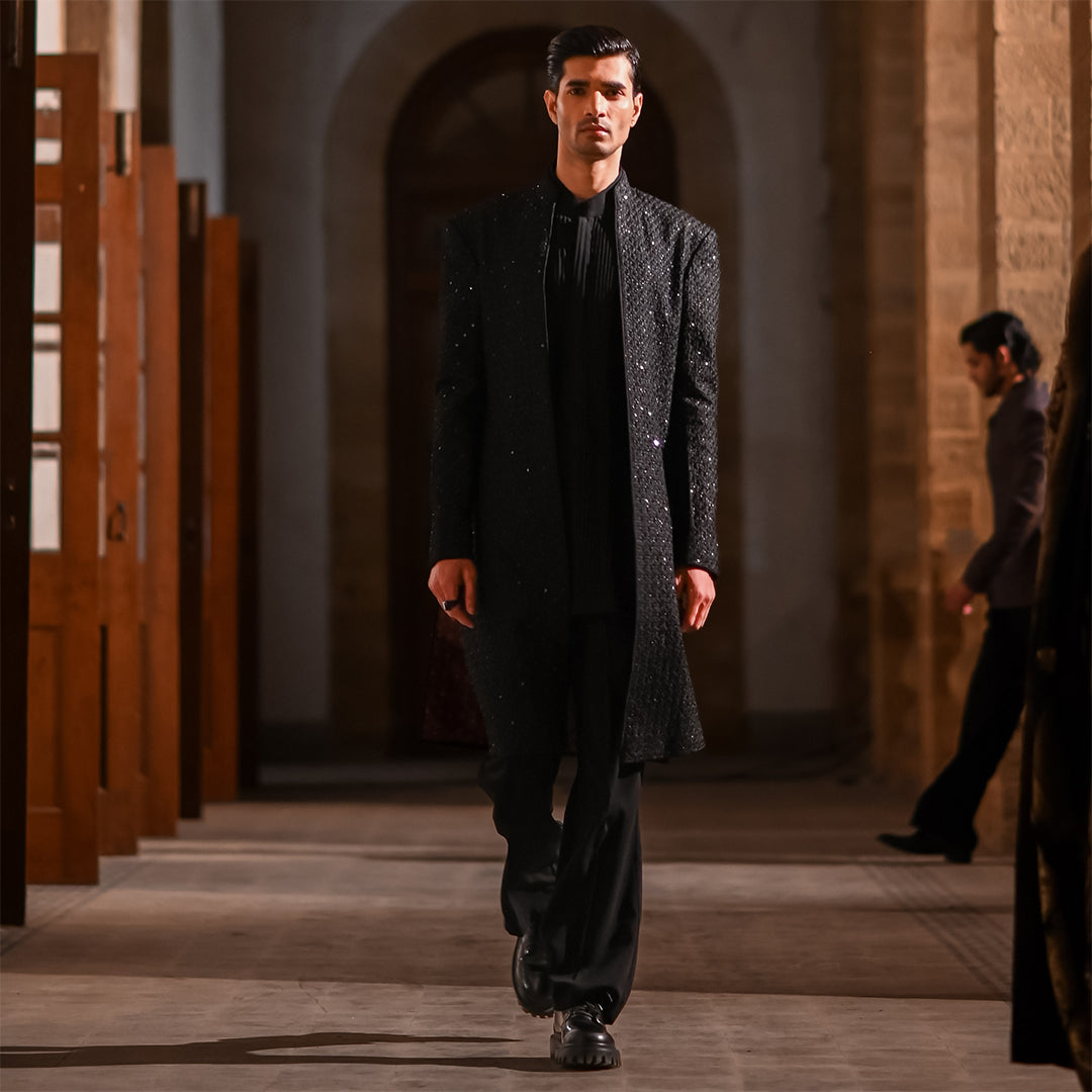 Black open-front sherwani in raw silk with cut-dana work
