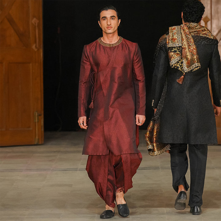 Open-front Anarkali with hand-embroidered neckline in rich Jamawar Fabric