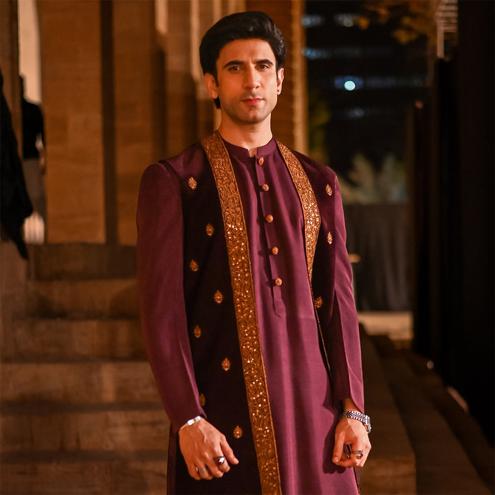 Maroon velvet cape embroidered waistcoat with coat-style sleeves,