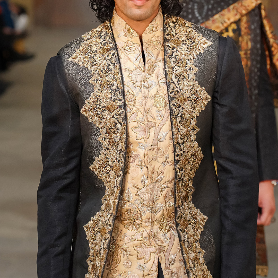 Black jamawar embroidered long waistcoat
