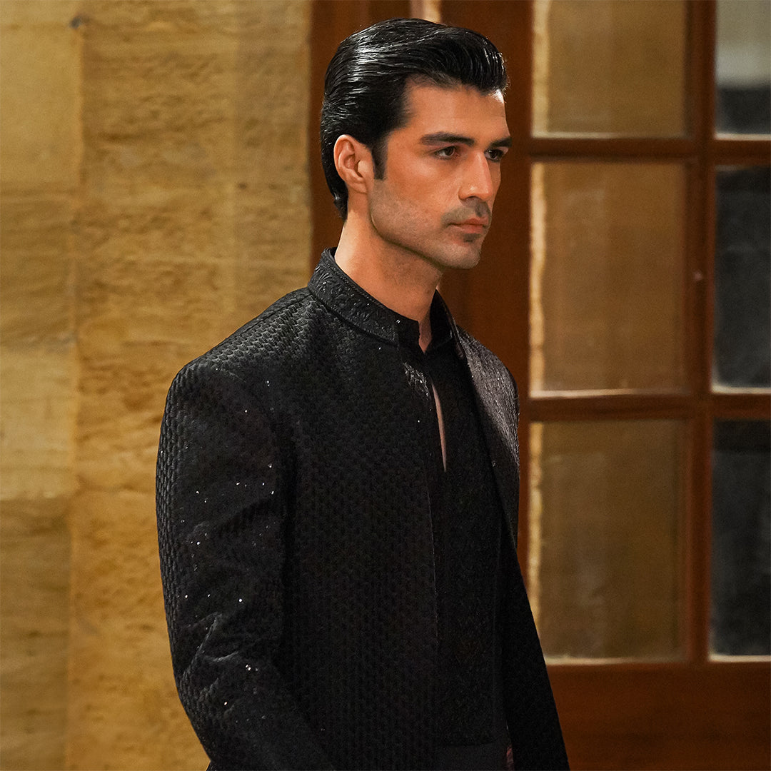 Black satin embroidered open-front sherwani with shirt kurta