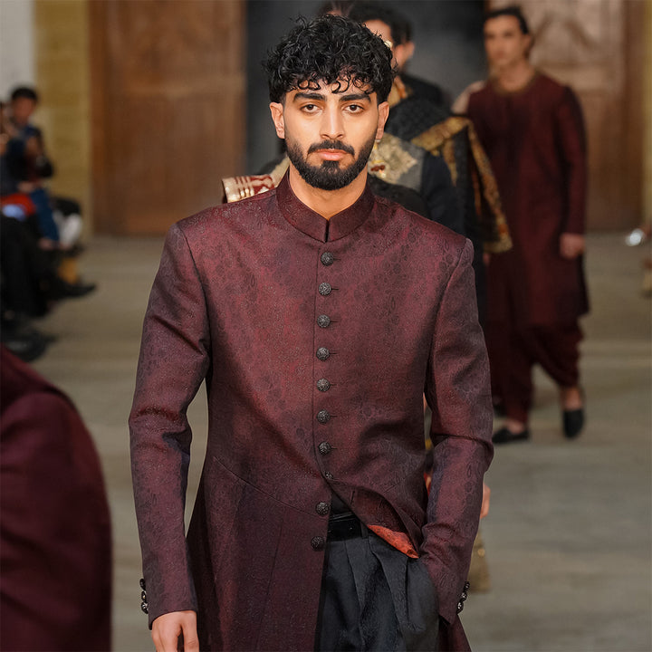 Maroon jamawar long coat with intricate matrics pattern,