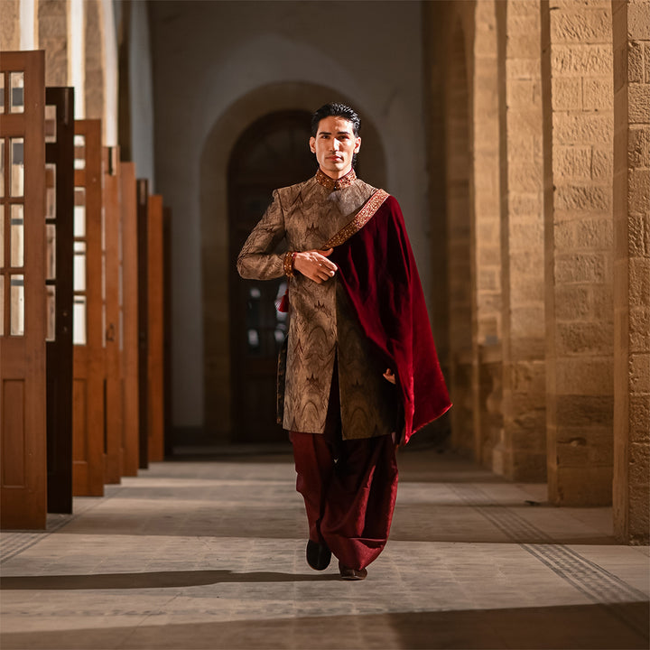 Maroon and gold bio-matric design jamawar sherwani