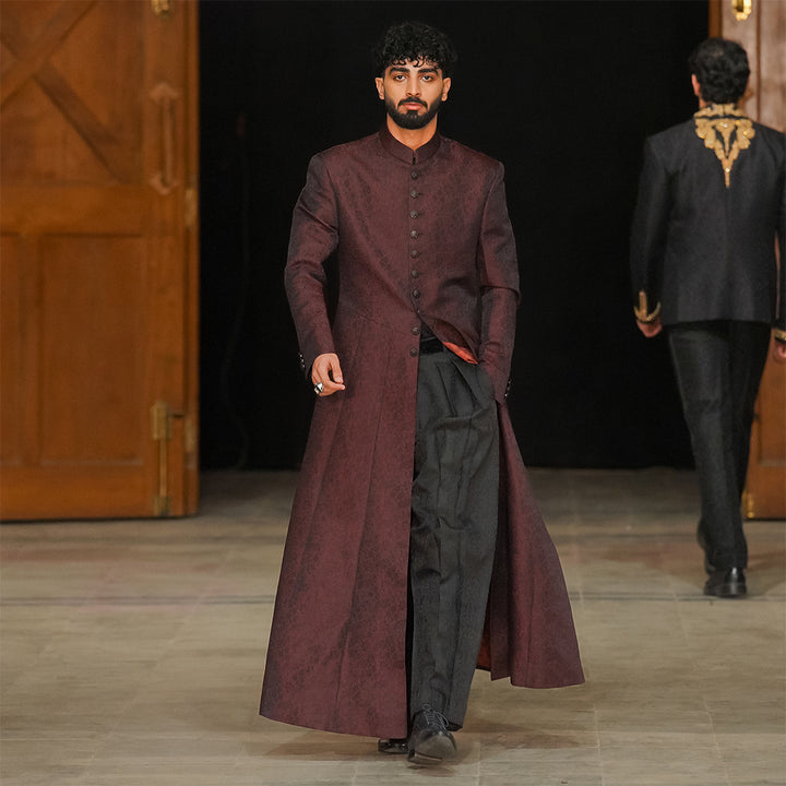 Maroon jamawar long coat with intricate matrics pattern,