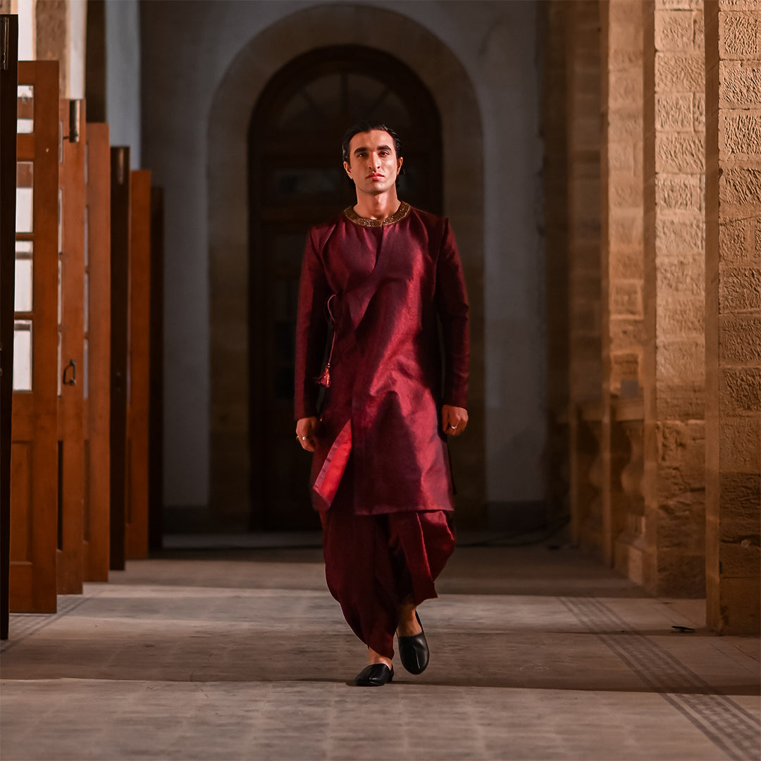 Open-front Anarkali with hand-embroidered neckline in rich Jamawar Fabric