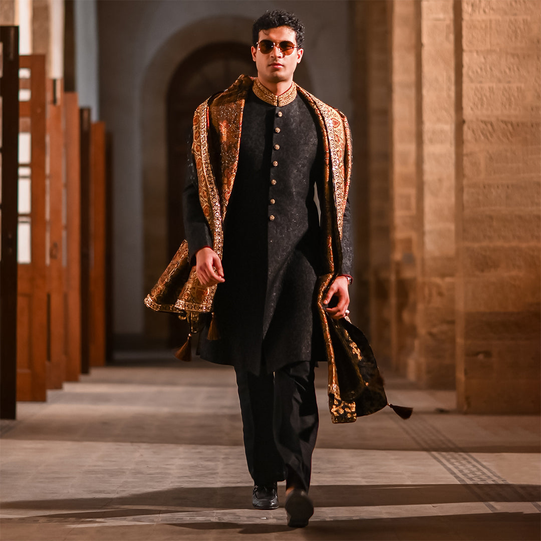 Black zari jamawar sherwani with hand embroidery on collar and buttons