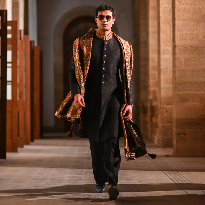 Black zari jamawar sherwani with hand embroidery on collar and buttons