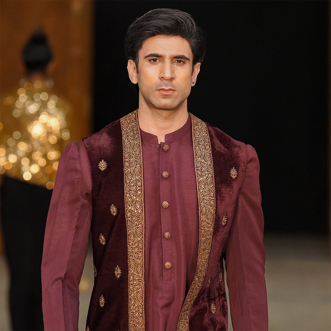 Maroon velvet cape embroidered waistcoat with coat-style sleeves,