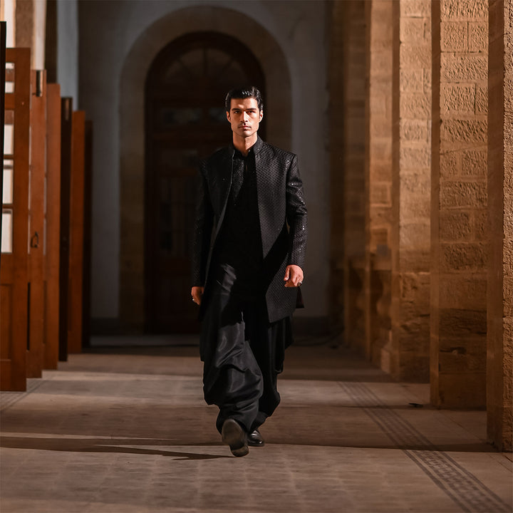 Black satin embroidered open-front sherwani with shirt kurta
