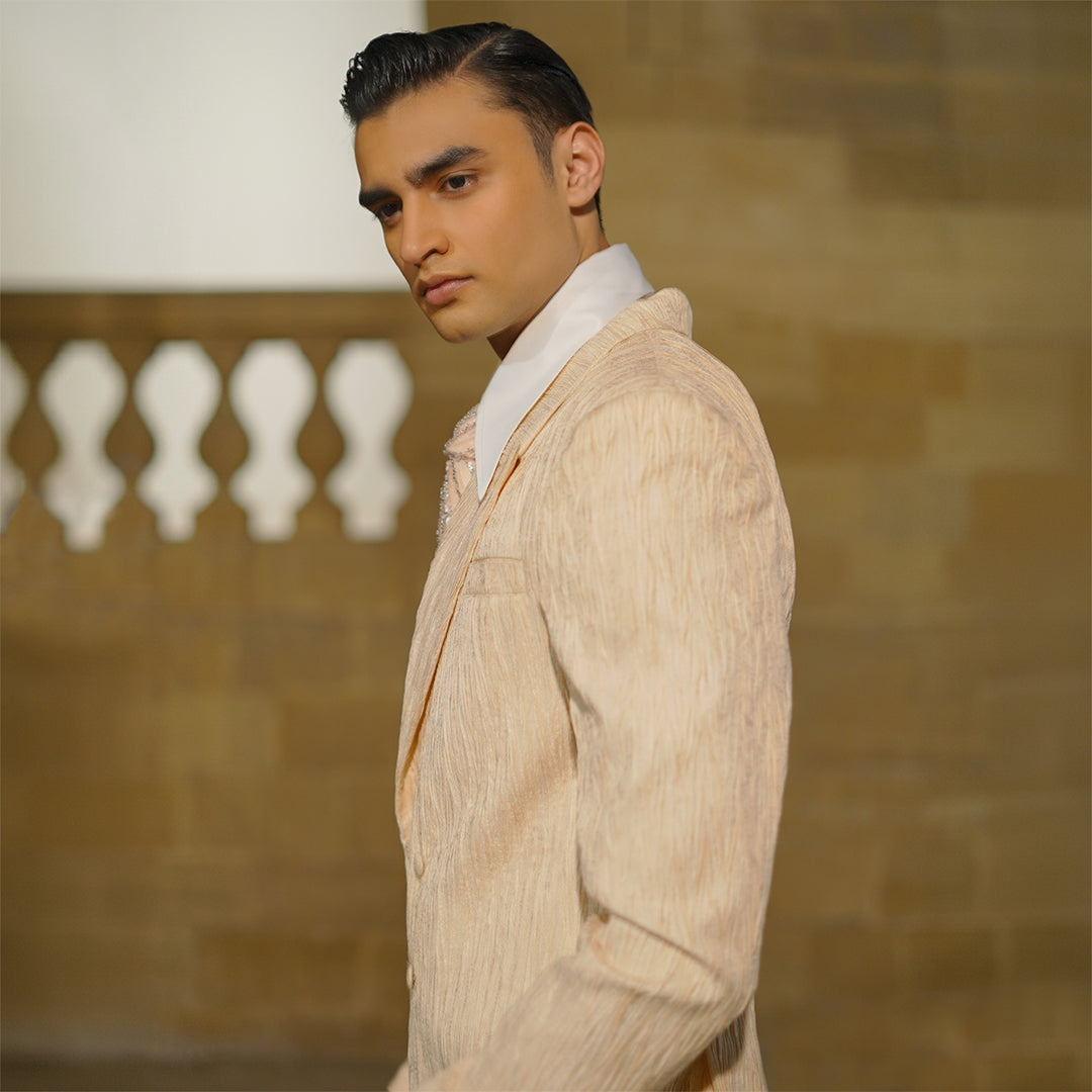 Pink double-breasted crush jamawar jacket with straight pants