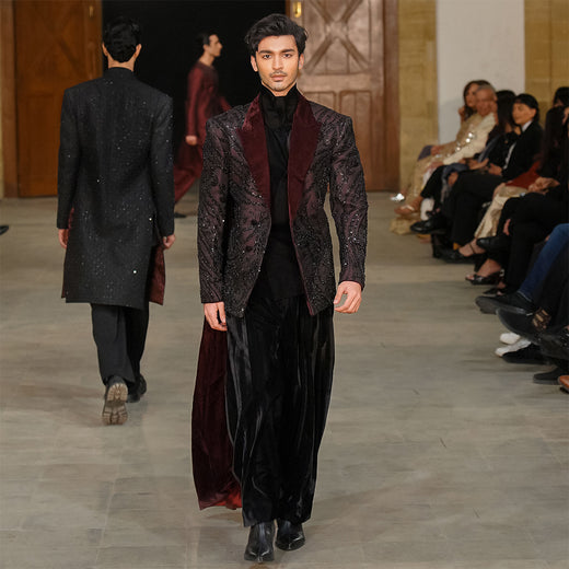 Double-breasted maroon net-embroidered jamawar jacket with velvet black inner,