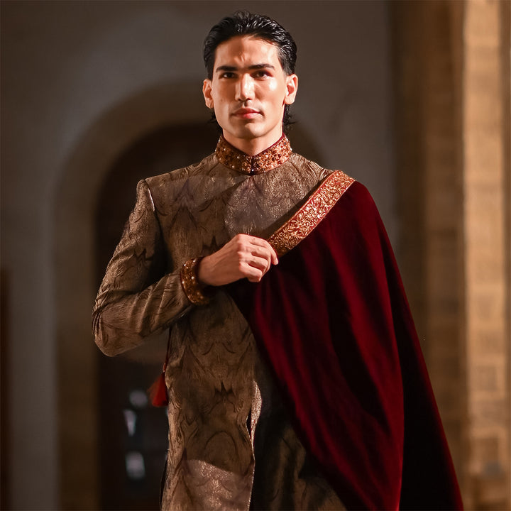 Maroon and gold bio-matric design jamawar sherwani