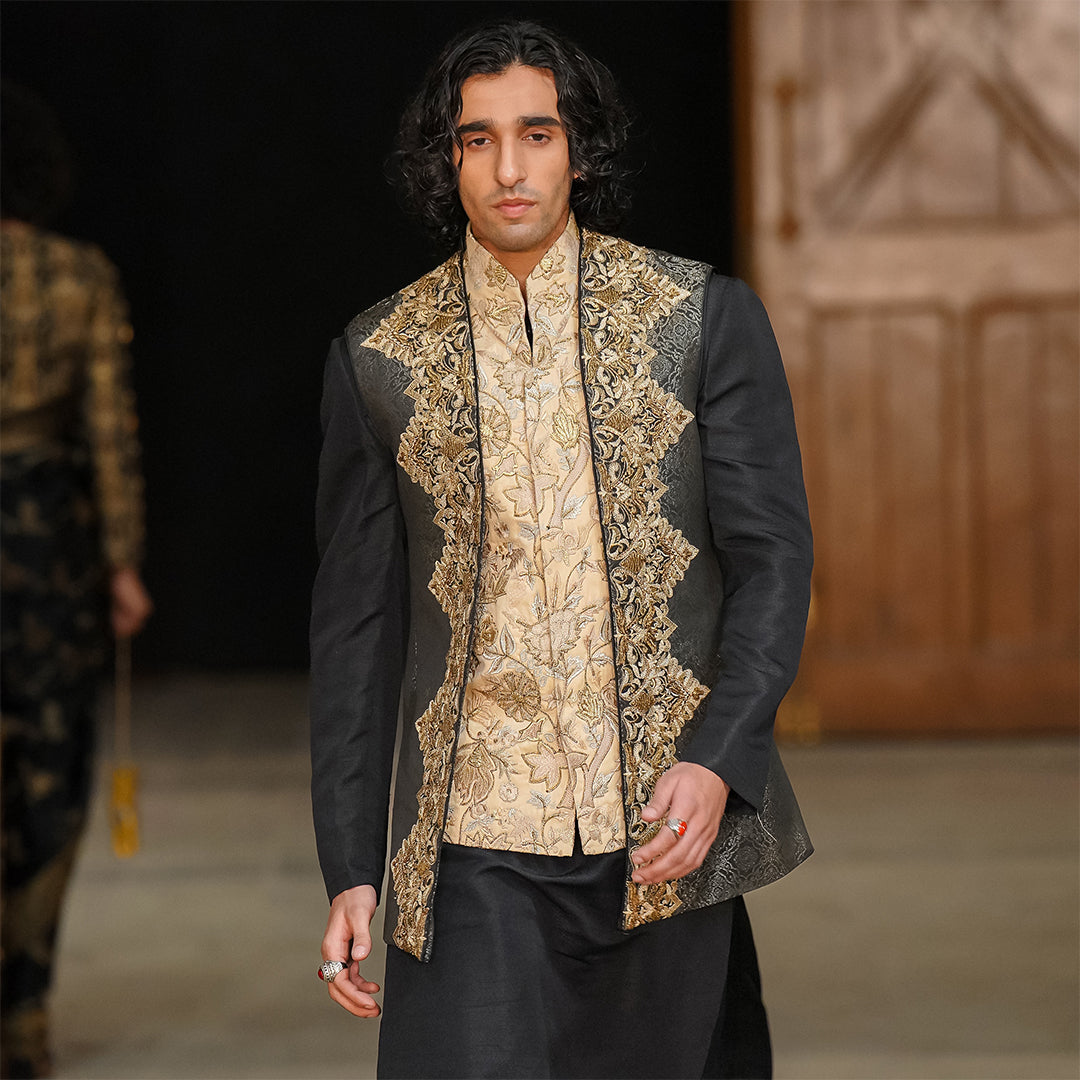 Black jamawar embroidered long waistcoat