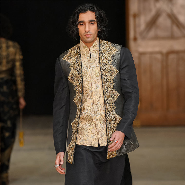 Black jamawar embroidered long waistcoat